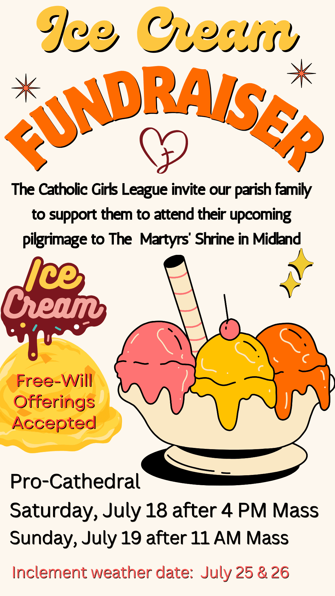 Ice Cream Fundraiser - Catholic Girls League North Bay - July 18 and 19 2026